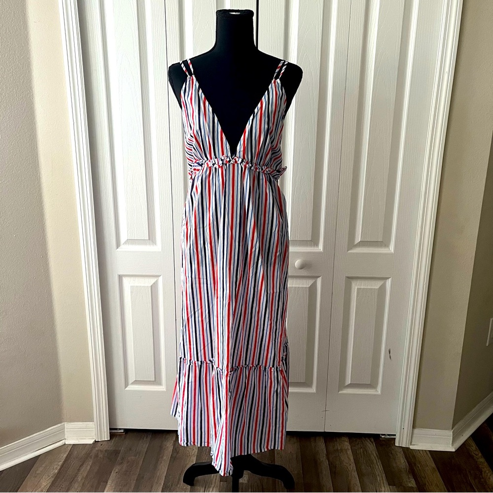J. Crew Factory Strappy Tiered Midi Dress Red White Blue Plus Sz 2X